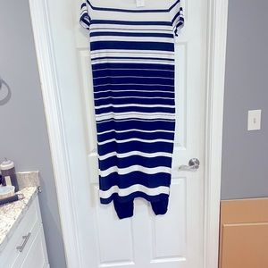 Chico’s Tunic (stripe) navy (ink) and White.  Ankle pant navy (ink).